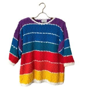 Vintage 80s 90s Rainbow Striped Nubby Sweater Acrylic
